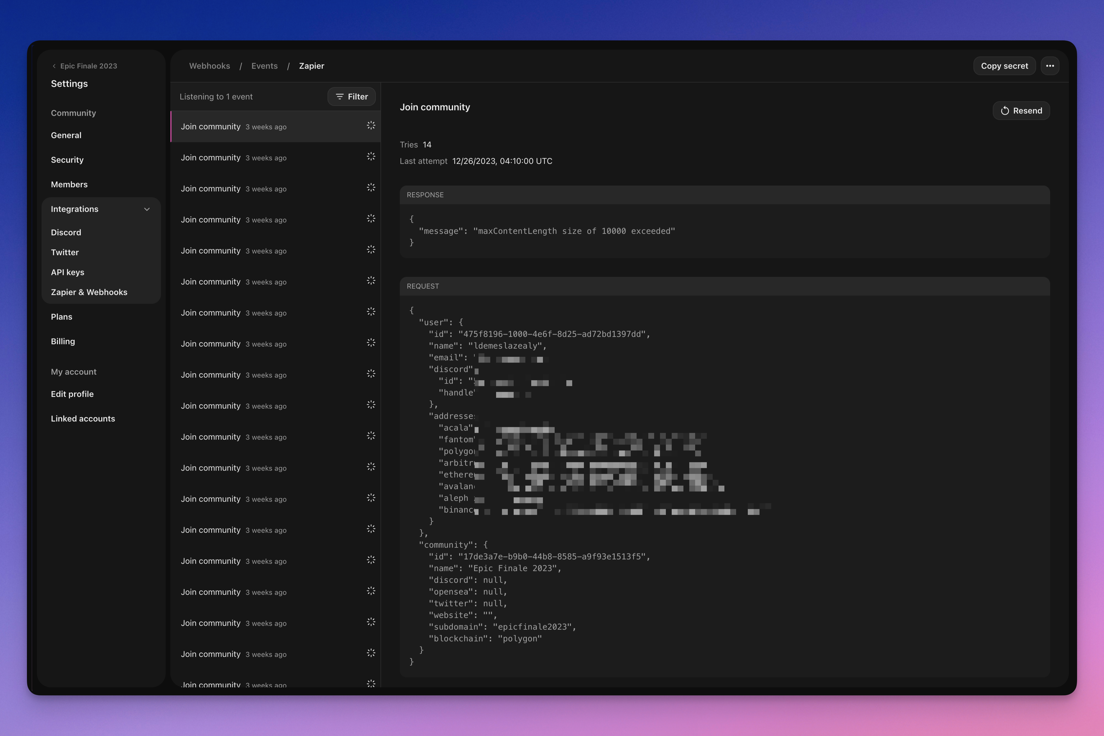 The webhook event log listing Join community events, with one event's delivery tries, request payload and error response shown