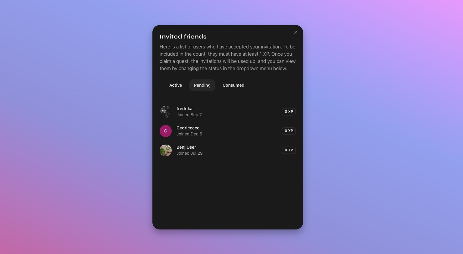 Invites modal